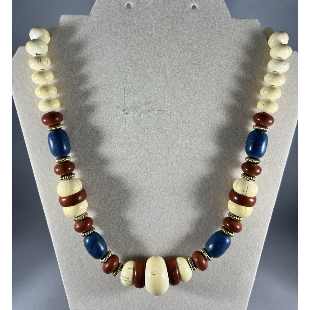 Vintage Boho Beaded Necklace Cream Blue Gold Statement Festival Jewelry